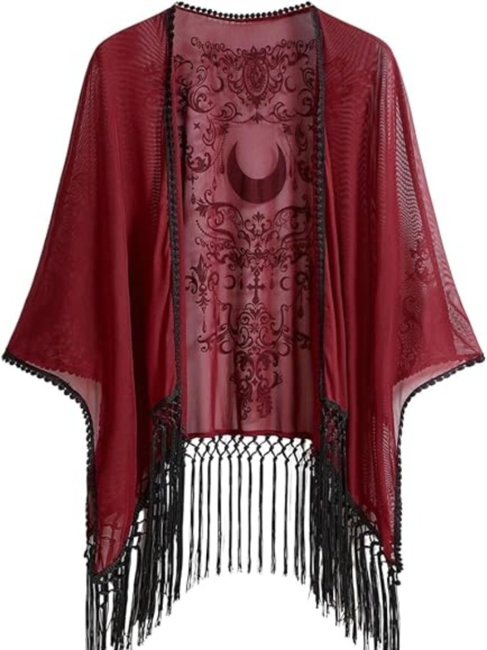 Witchy Boho Sheer Open Front Fringe Poncho Top XL